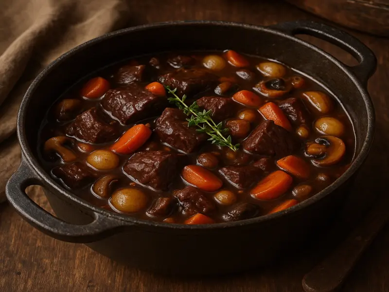 Bœuf Bourguignon traditionnel de grand-mère dans une vieille cocotte en fonte