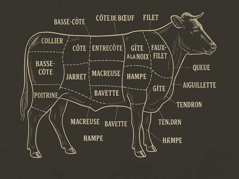 Planche des découpes de bœuf à la française : filet, faux-filet, entrecôte, paleron, joue et autres morceaux